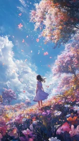 Girl standing in vivid flower field under bright sky.