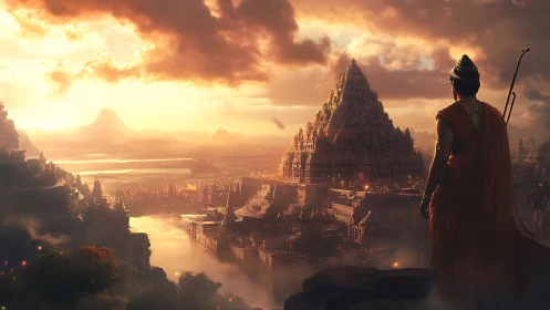 Figure surveys stepped pyramid city under diffuse sunset light