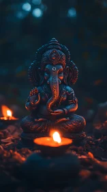 Ganesha idol glows in moody candlelit forest ambience.