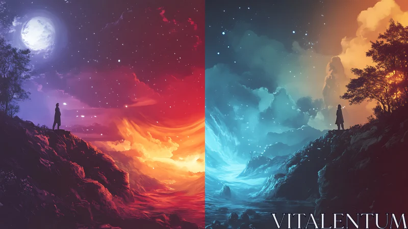 Dual worlds unfold under moonlit and fiery cosmic skies.