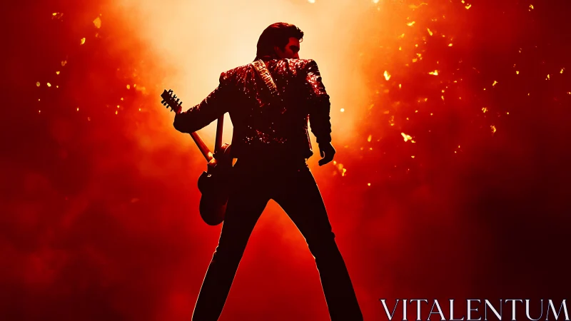 Silhouetted rock guitarist stands against blazing red stage