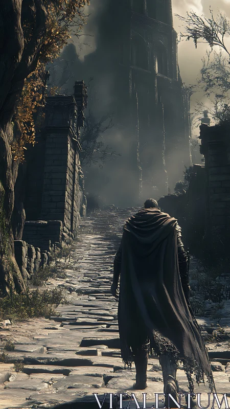 Cloaked figure on stone path toward tall ruined tower.