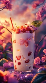 Beverage with Berries and Floral Setting.