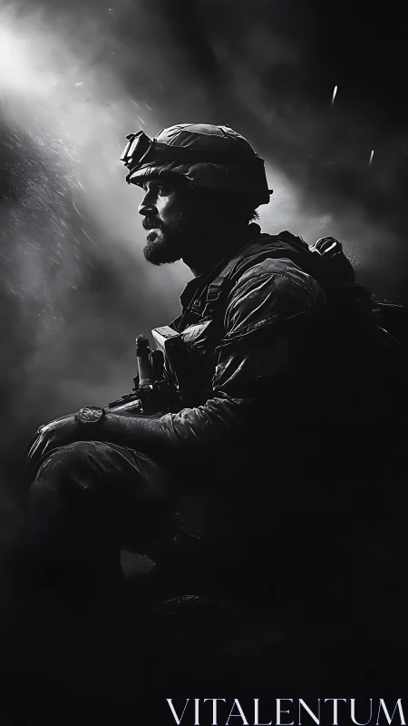 Armed soldier in profile sits in low key directional light