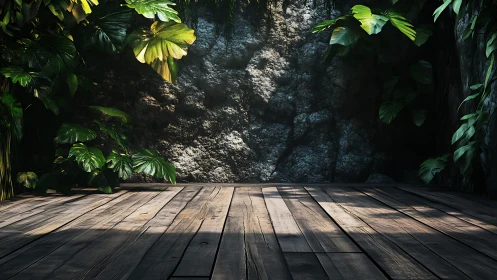Sunlit Wooden Deck Framed by Lush Tropical Foliage.
