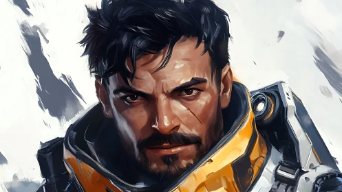 Steady space explorer with bold gaze in bright armor.