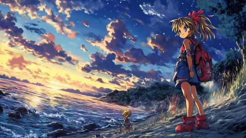 Twilight shoreline quest with sky-drenched anime wanderers.