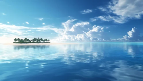 Tropical atoll landscape with volumetric cloud formations and specular water reflections