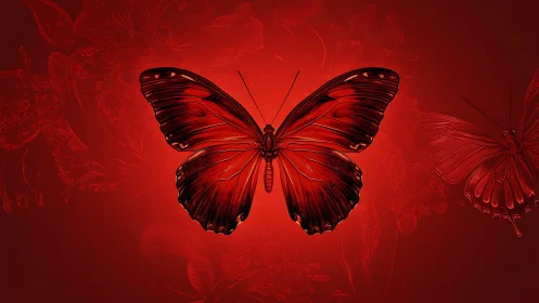 Crimson butterfly glows in a dramatic monochrome aura of light