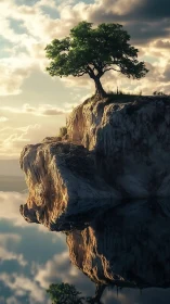 Photorealistic lone tree on sunlit cliff with mirror lake reflection.
