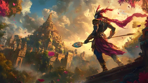 Sunlit warrior atop lost jungle citadel of drifting petals.