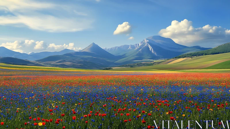 Wildflower plain stretches beneath clear alpine sky.