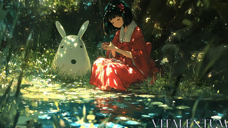 Girl in red kimono by pond with white forest creature.
