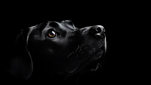 Luminous black dog portrait in dramatic low key lighting.
