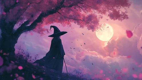 Moonlit wizard wandering beneath soft cherry blossom skies.