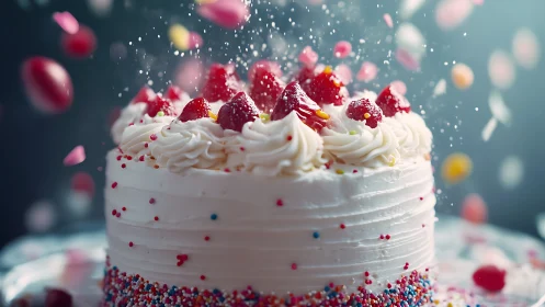 Celebration Cake with Raspberries and Sprinkles.