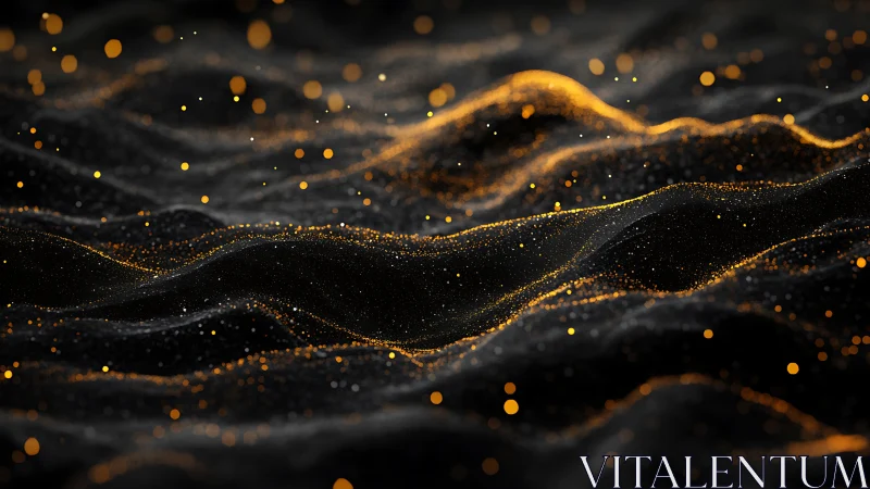 Dark abstract waves with glowing golden particle lights.
