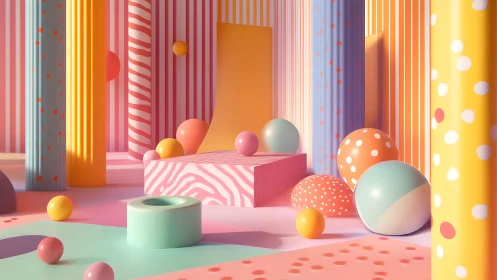 Geometric pastel columns and spheres in striped interior.