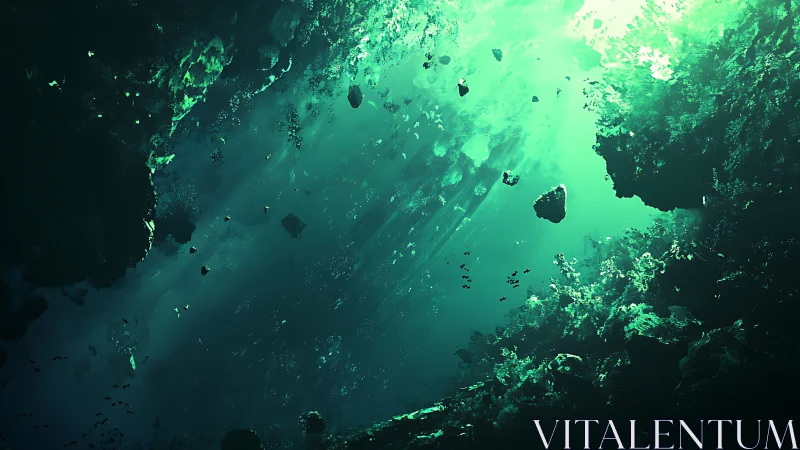Dreamy underwater cavern bathed in glowing emerald light.