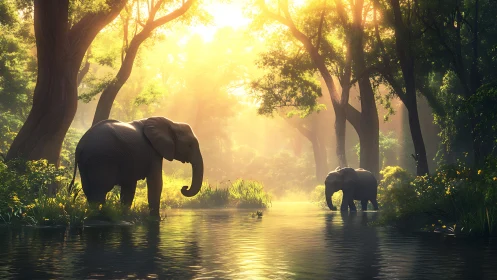 Elephants wade through sunlit misty forest river at dawn