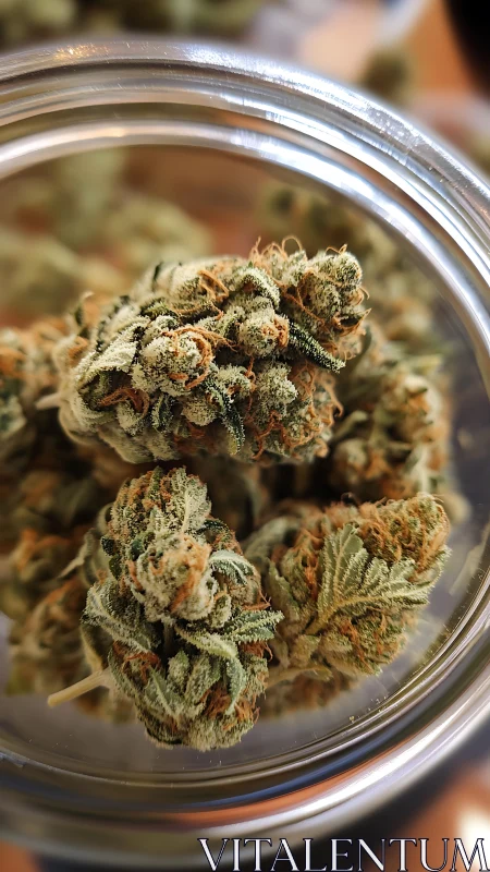 Cannabis buds in glass jar with frosty trichome detail.
