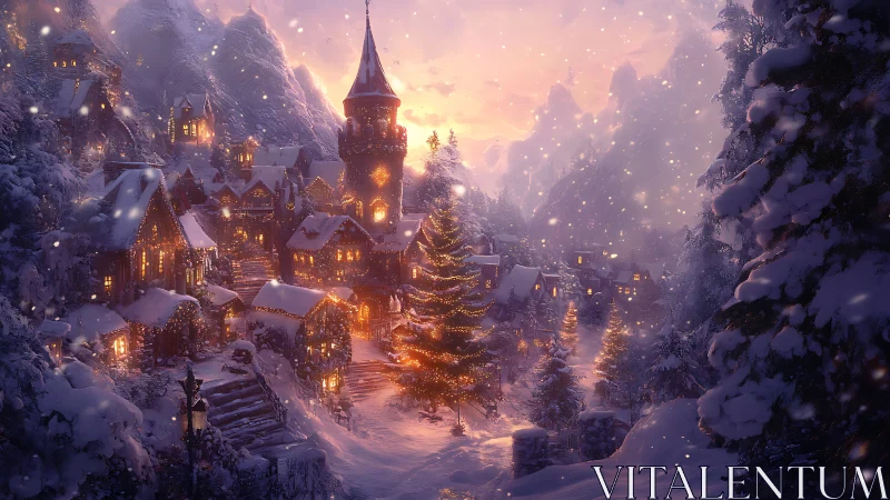 Snowy mountain village glows with warm festive lights