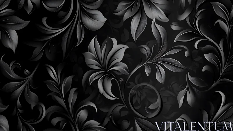 Dark floral arabesque pattern renders soft metallic foliage