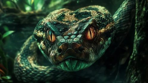 Snake head rendered in sharp, high detail against jungle