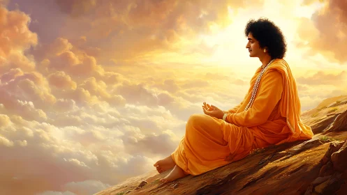 Meditating sage in orange robes above radiant cloudscape.