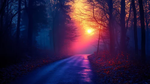 Sunset glow over wet forest road in dense silhouetted trees.