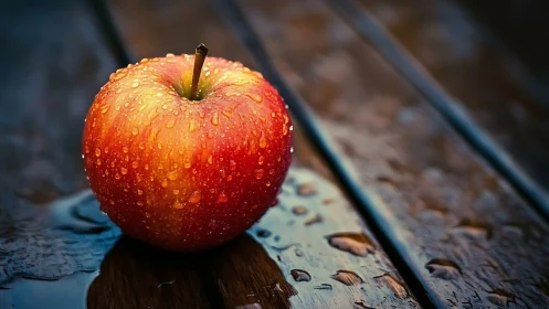 Red apple with water droplets rests on wet wooden surface