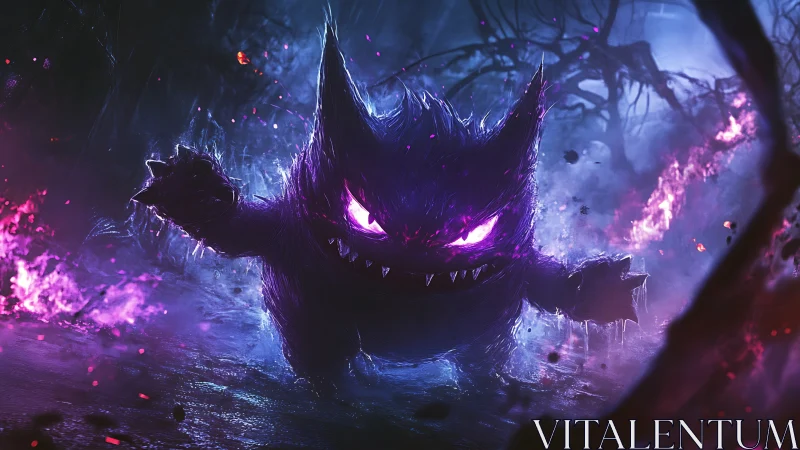 Shadowy spectral creature in bioluminescent forest setting.