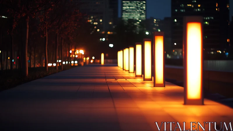 Urban promenade illuminated by linear amber light columns.