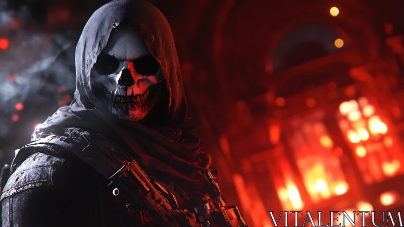 Hooded skull-masked soldier in front of burning structure.