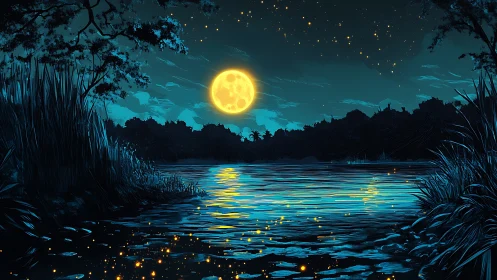 Full moon over river with silhouetted trees and fireflies.