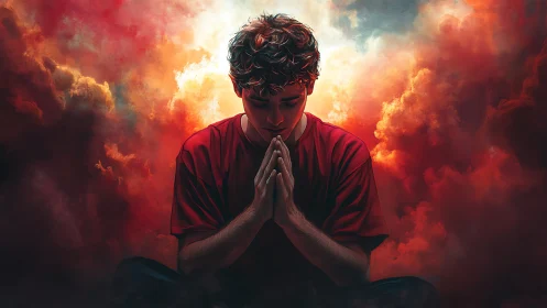 Contemplative youth in crimson clouds with cinematic rim light.