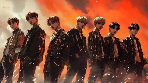 Seven-member boy band rendered in dramatic digital chiaroscuro