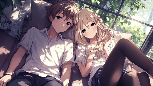 Soft afternoon light frames two relaxed anime teens.