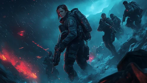 Tactical squad advances through icy battlefield inferno.