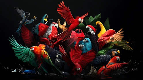 Vibrant Group of Parrots in Dramatic Lighting, Digital Art Style.