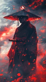 Lone spectral samurai in burning red embers and storm clouds.