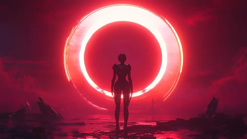 Silhouetted figure before illuminated circular portal in red.