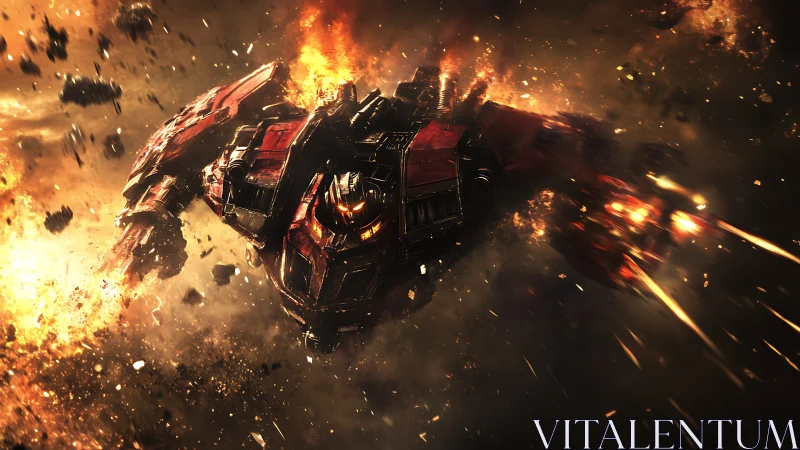 War-torn space mech erupts through blazing cosmic battlefield