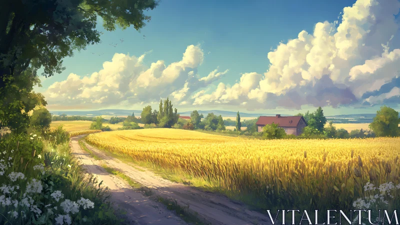 Sunlit country lane beside golden wheat fields under clouds.