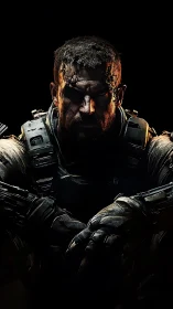 Battle-scarred soldier brooding in ember-edged darkness.