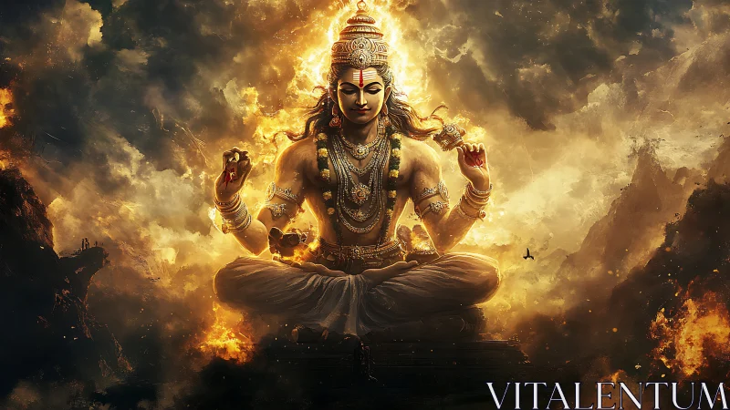 Luminescent deity in volcanic cloudscape, meditative equilibrium.