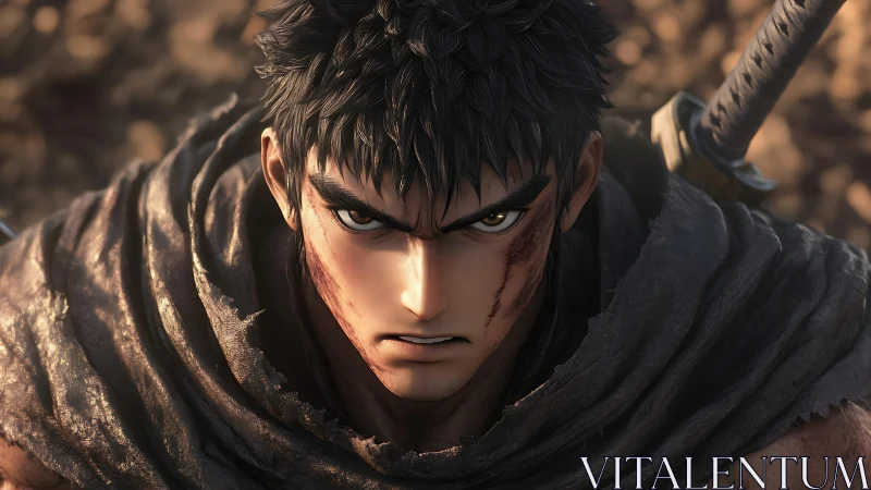 3D anime warrior close-up with dramatic battle-worn detailing.