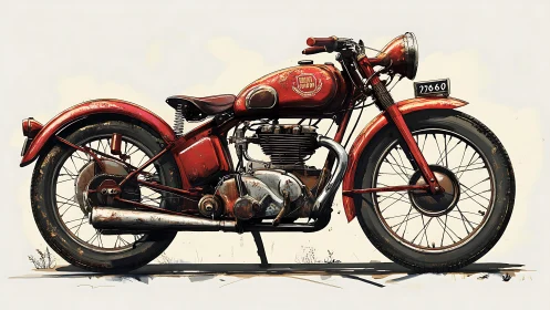 Vintage red motorcycle stands in profile, weathered yet proud.