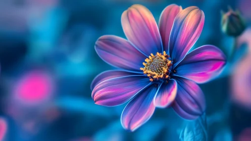 Enchanting Neon Cosmos Flower with Vibrant Pink and Blue Petals