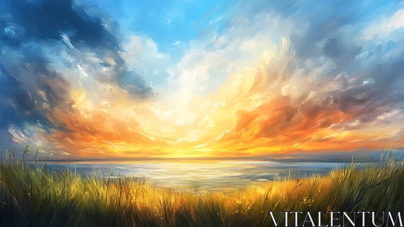 Radiant coastal sunset rendered in expressive digital brushwork